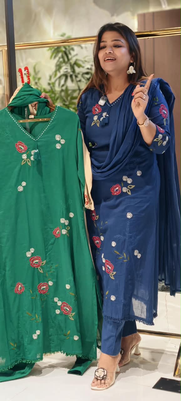 Floral Embroidery Side Slitted V-Neck Full Suit Set with Tassel Detailing & Matching Dupatta- 16522