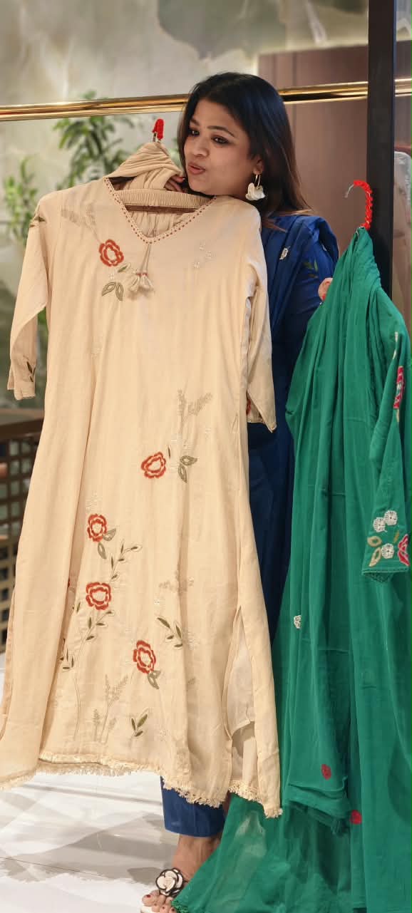 Floral Embroidery Side Slitted V-Neck Full Suit Set with Tassel Detailing & Matching Dupatta- 16522
