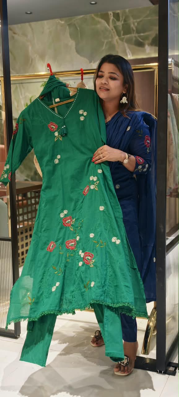 Floral Embroidery Side Slitted V-Neck Full Suit Set with Tassel Detailing & Matching Dupatta- 16522