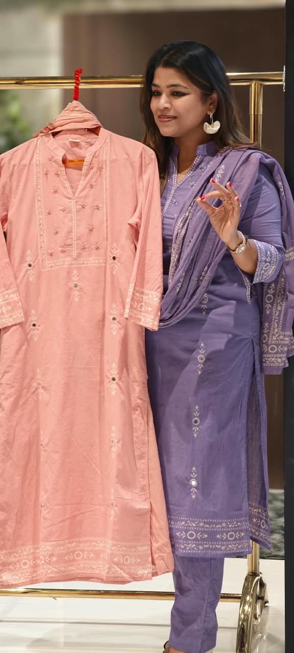 Bandhej Elegance Minor Intricate Embroidery Work Soft Cotton Straight Full Suit Set With Dupatta- 16520 Slightly Lean Fit