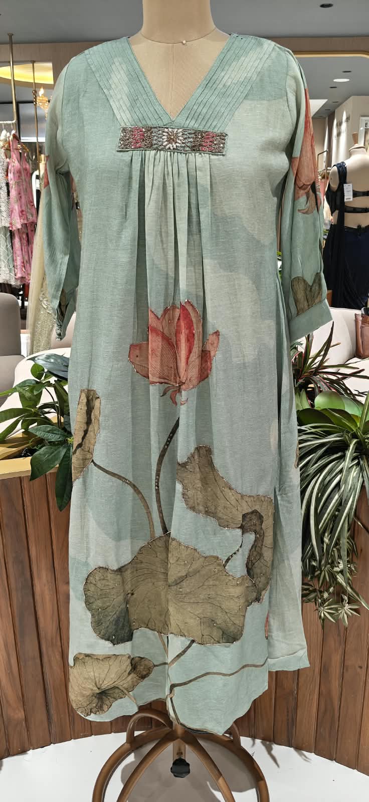 Pleated Neckline Delicate Shimmer Embroidery Digital Floral Print Pure Linen Frock- 16473, 16477