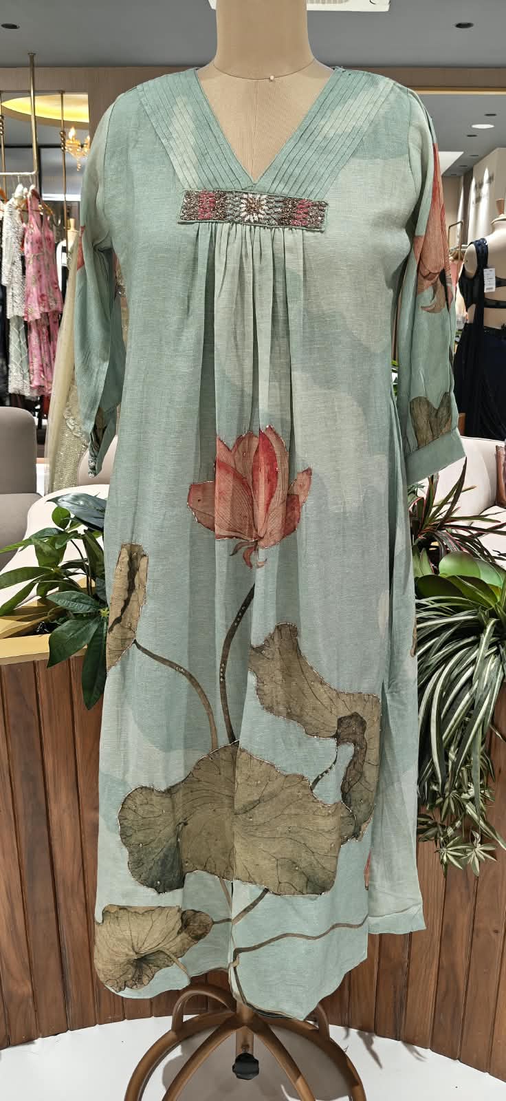 Pleated Neckline Delicate Shimmer Embroidery Digital Floral Print Pure Linen Frock- 16473, 16477