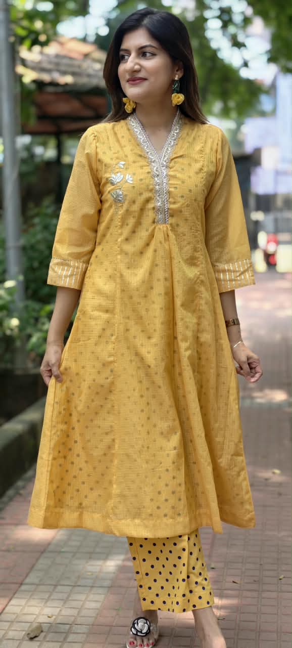 Golden Embossed Lace Detailing Kota Doria Polka Dotted A-Line Kurta Pant Set- 16534