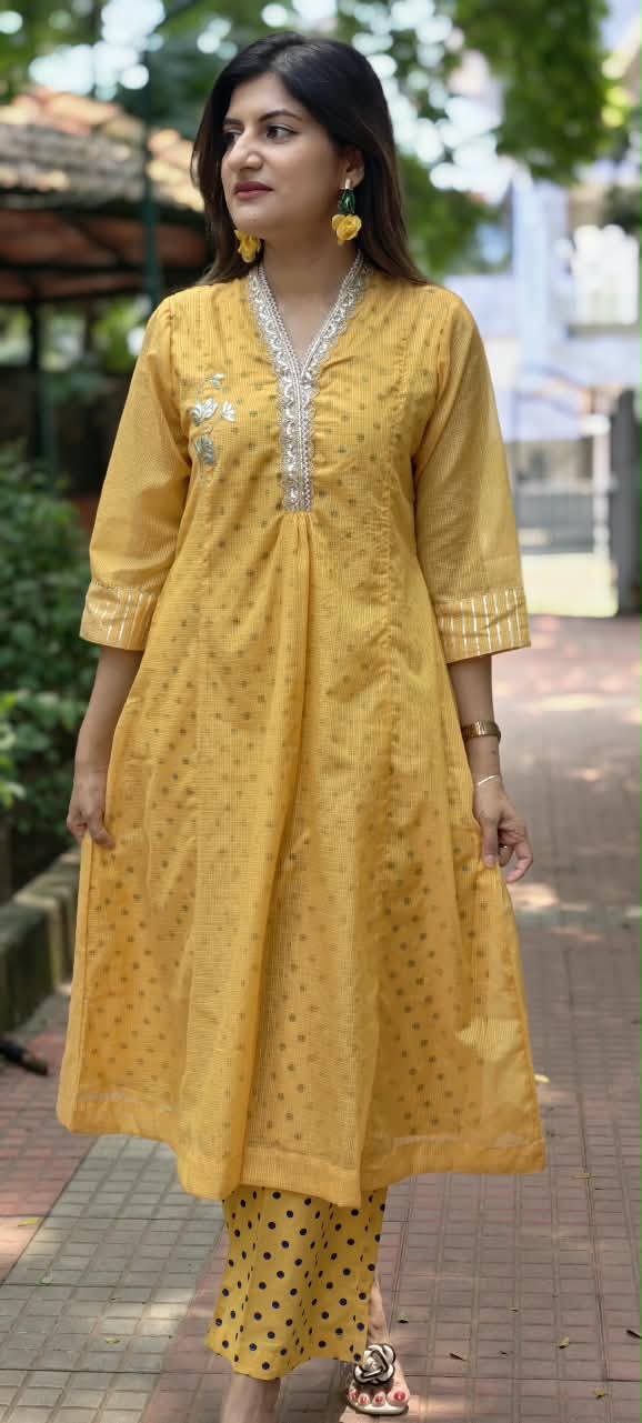 Golden Embossed Lace Detailing Kota Doria Polka Dotted A-Line Kurta Pant Set- 16534