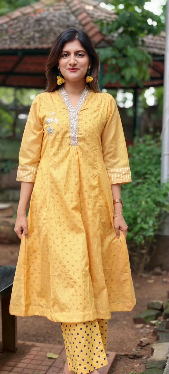 Golden Embossed Lace Detailing Kota Doria Polka Dotted A-Line Kurta Pant Set- 16534