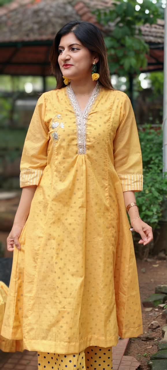 Golden Embossed Lace Detailing Kota Doria Polka Dotted A-Line Kurta Pant Set- 16534