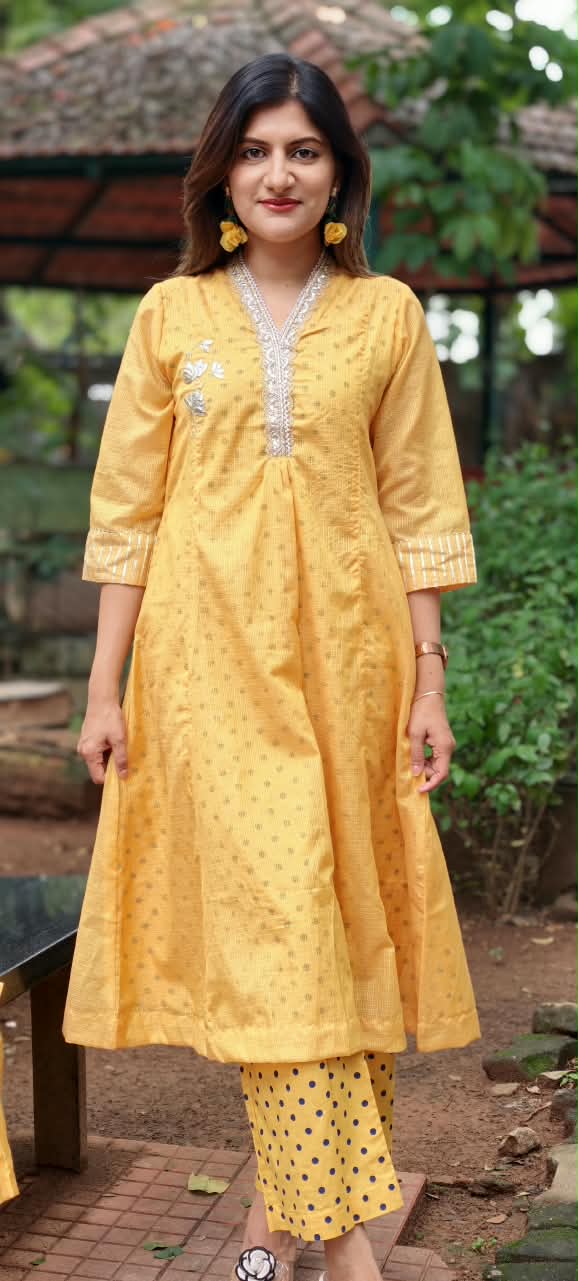 Golden Embossed Lace Detailing Kota Doria Polka Dotted A-Line Kurta Pant Set- 16534