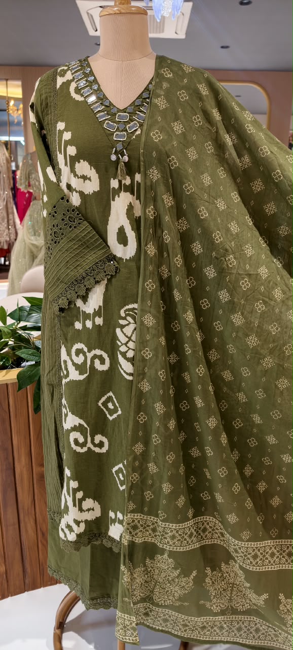 Ikkat Mango Buti Print Real Mirror Crosia Lace Borders Cotton Full Suit Set With Dupatta- 16532