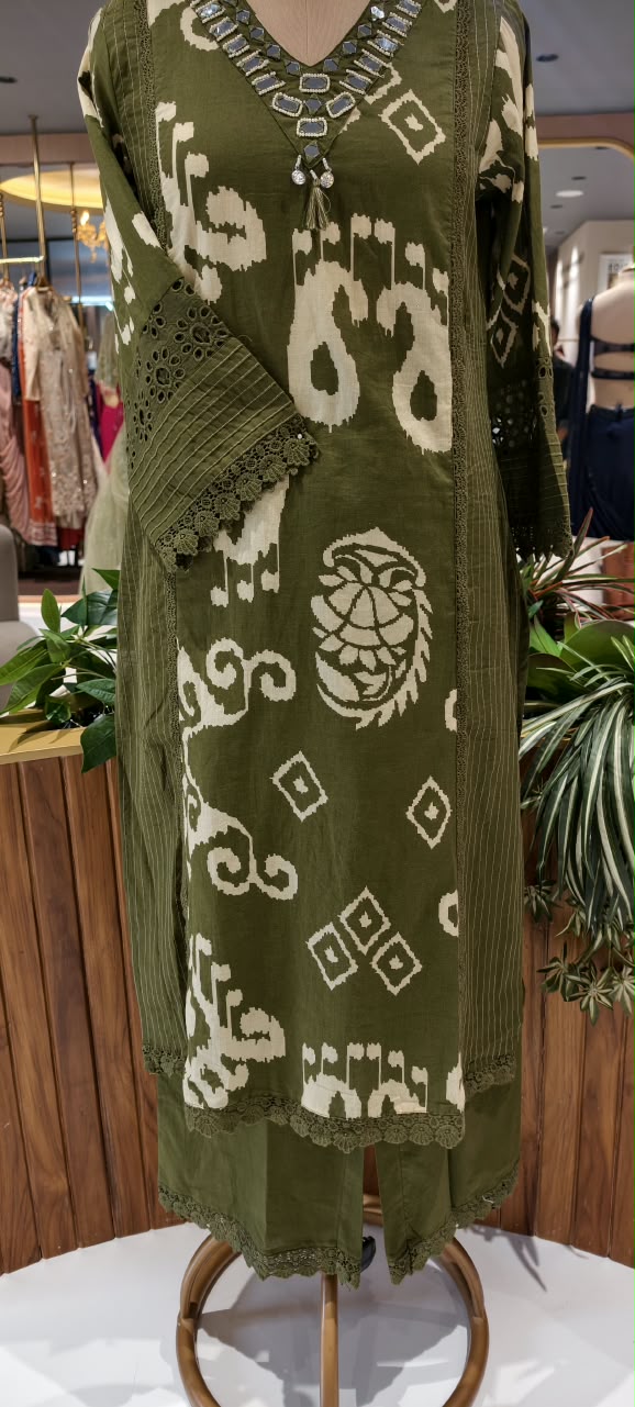 Ikkat Mango Buti Print Real Mirror Crosia Lace Borders Cotton Full Suit Set With Dupatta- 16532