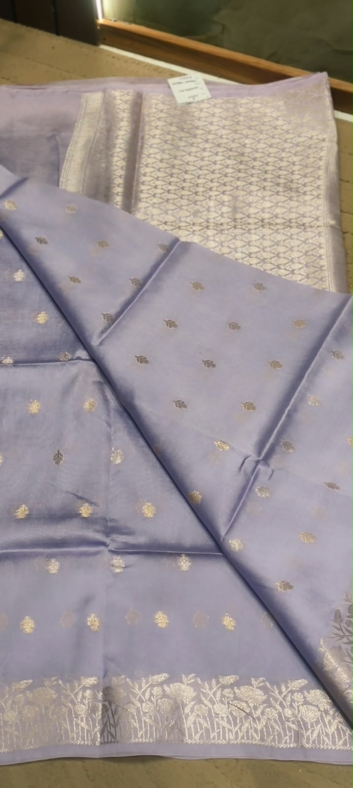 Moonga Muslin Banarasi Silk Saree with Traditional Gold Zari Brocade and Floral Bootis- 16542