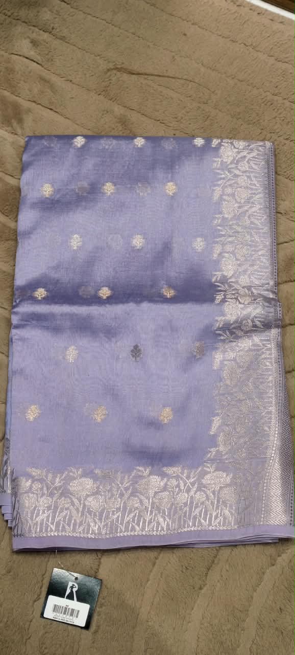 Moonga Muslin Banarasi Silk Saree with Traditional Gold Zari Brocade and Floral Bootis- 16542