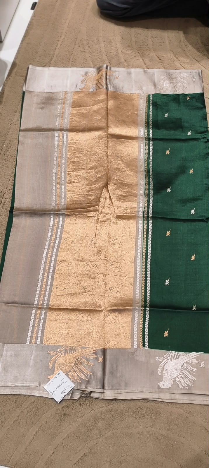 Luxurious Raw Silk Handloom Banarasi Emerald Green Saree with Heavy Golden Zari Pallu and Birds Motifs- 16551