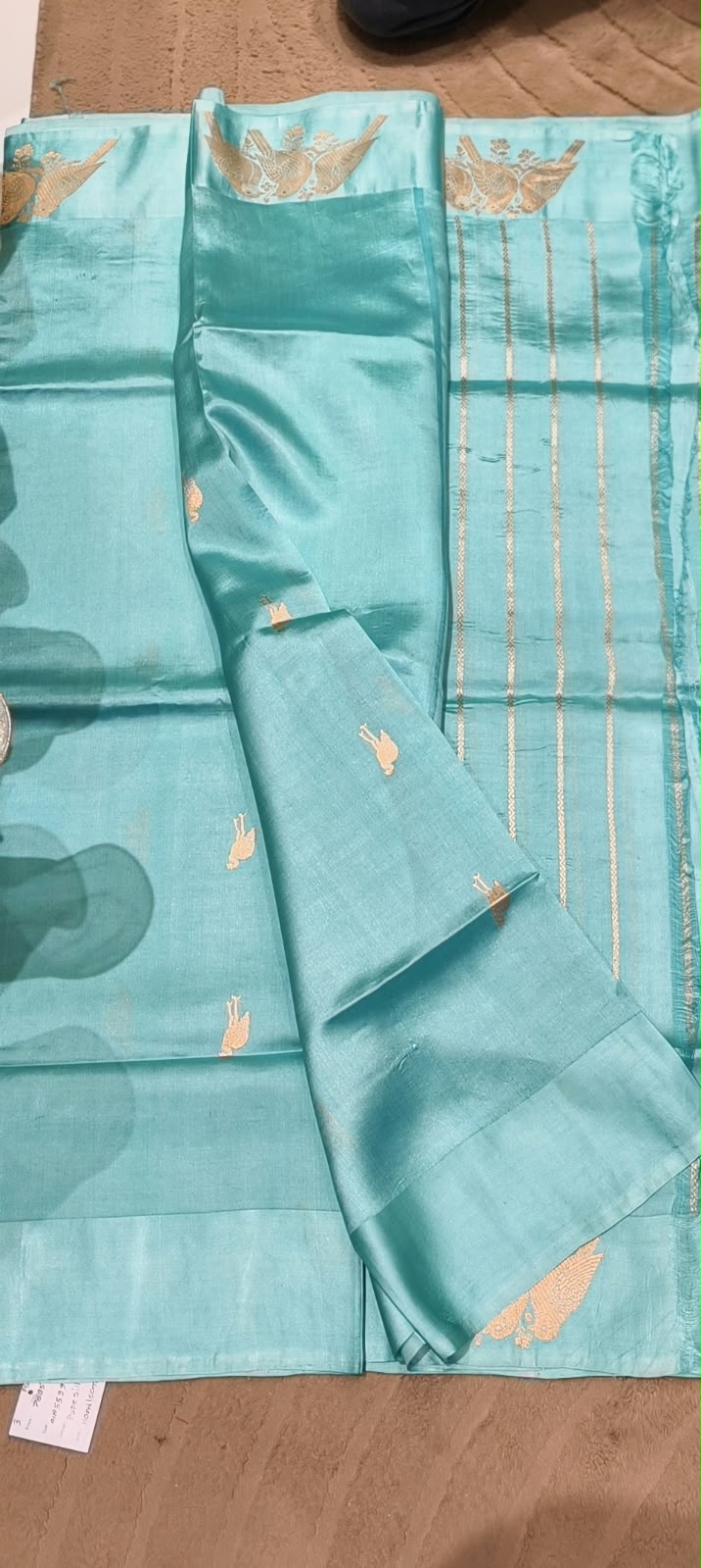 Pure Banarasi Katan Silk Unstitched Saree with Golden Royal Chariot & Bird Motifs- 16544