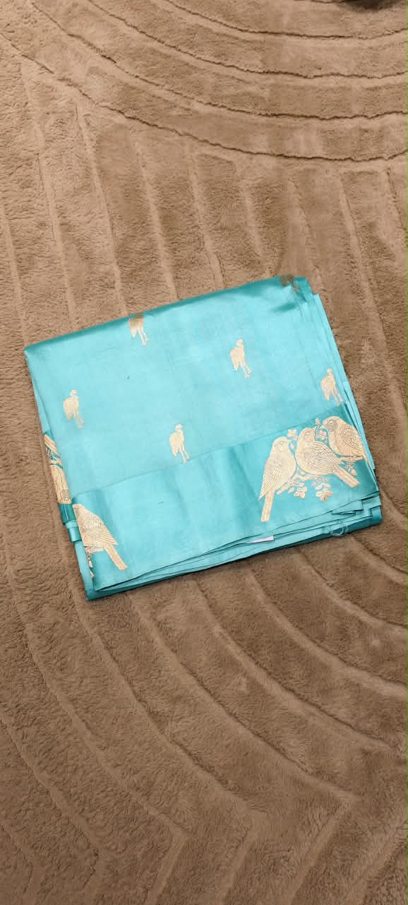 Pure Banarasi Katan Silk Unstitched Saree with Golden Royal Chariot & Bird Motifs- 16544
