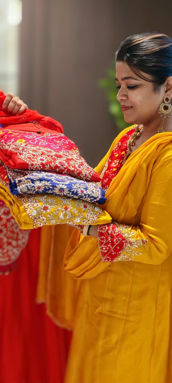 Russian Silk Bandhej Patch With Heavy Embroidery Work Panel Anarkali Full Suit Set With Dupatta-16566