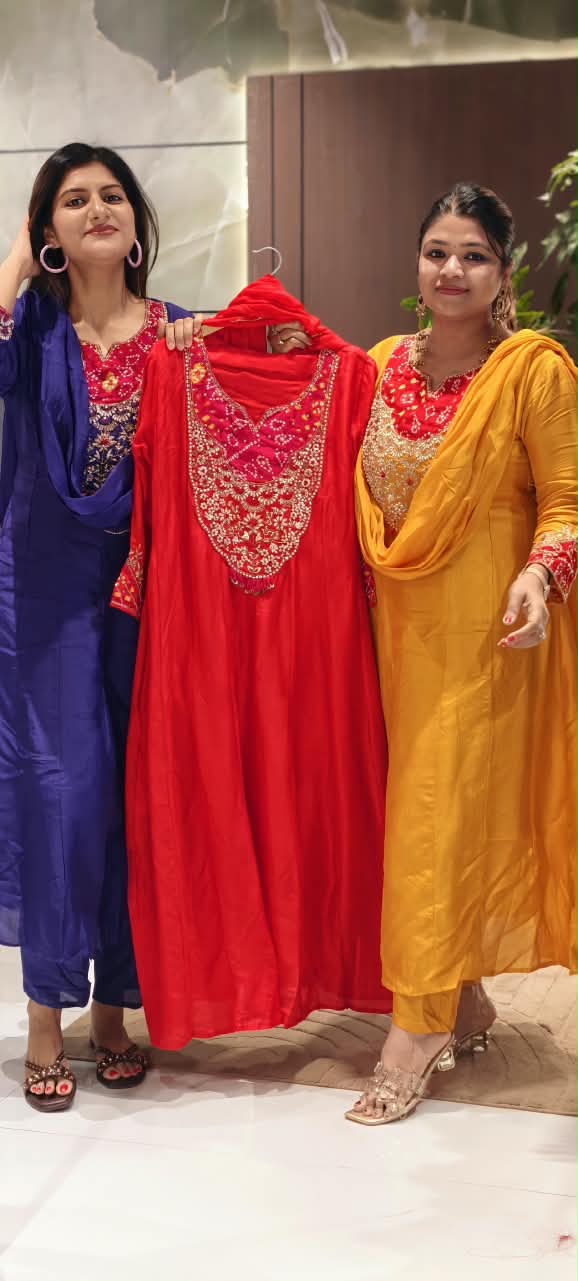 Russian Silk Bandhej Patch With Heavy Embroidery Work Panel Anarkali Full Suit Set With Dupatta-16566