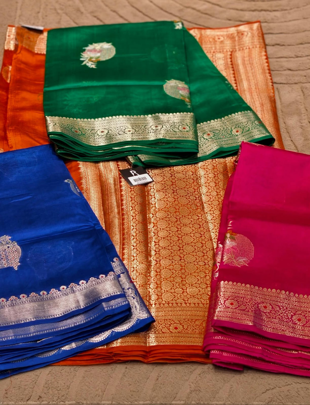 Pure Raw Silk Royal Gold Zari Floral Motifs Unstitched Vibrant Saree- 16543