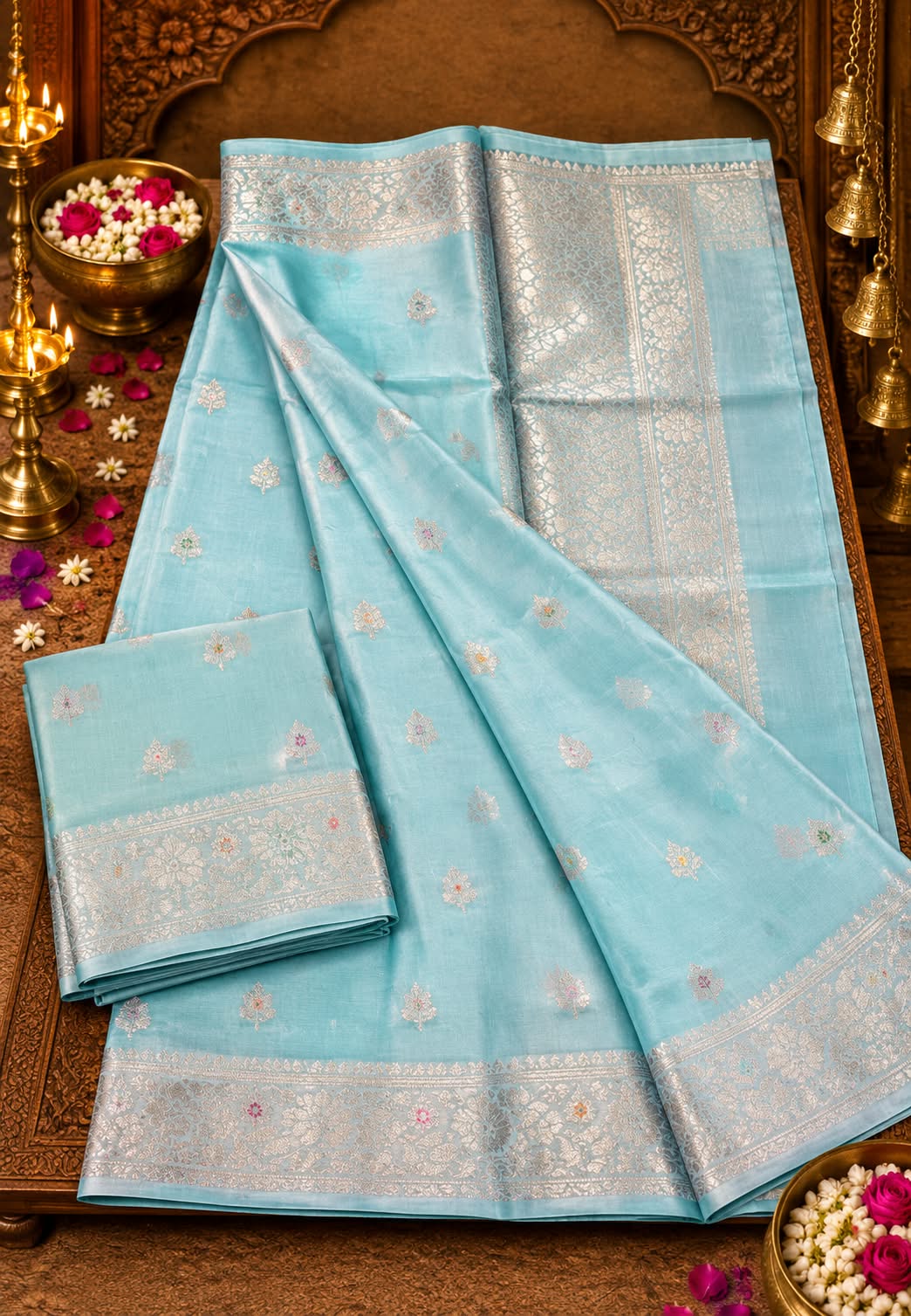 Moonga Muslin Banarasi Silk Saree with Traditional Gold Zari Brocade and Floral Bootis- 16542