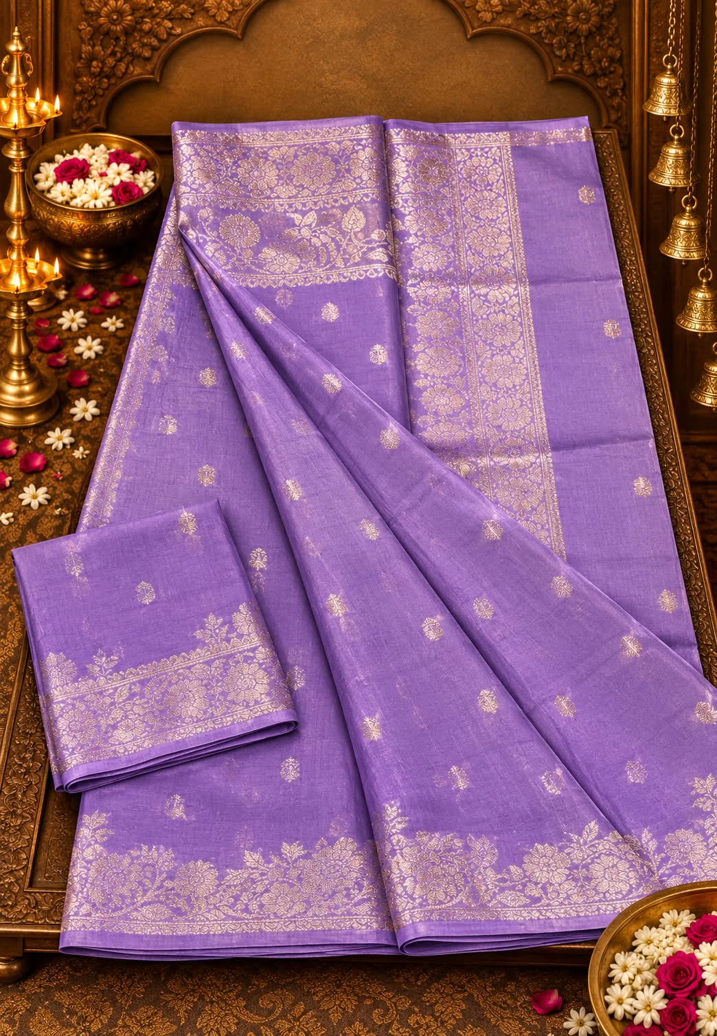 Moonga Muslin Banarasi Silk Saree with Traditional Gold Zari Brocade and Floral Bootis- 16542
