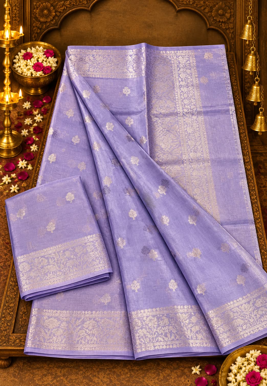 Moonga Muslin Banarasi Silk Saree with Traditional Gold Zari Brocade and Floral Bootis- 16542