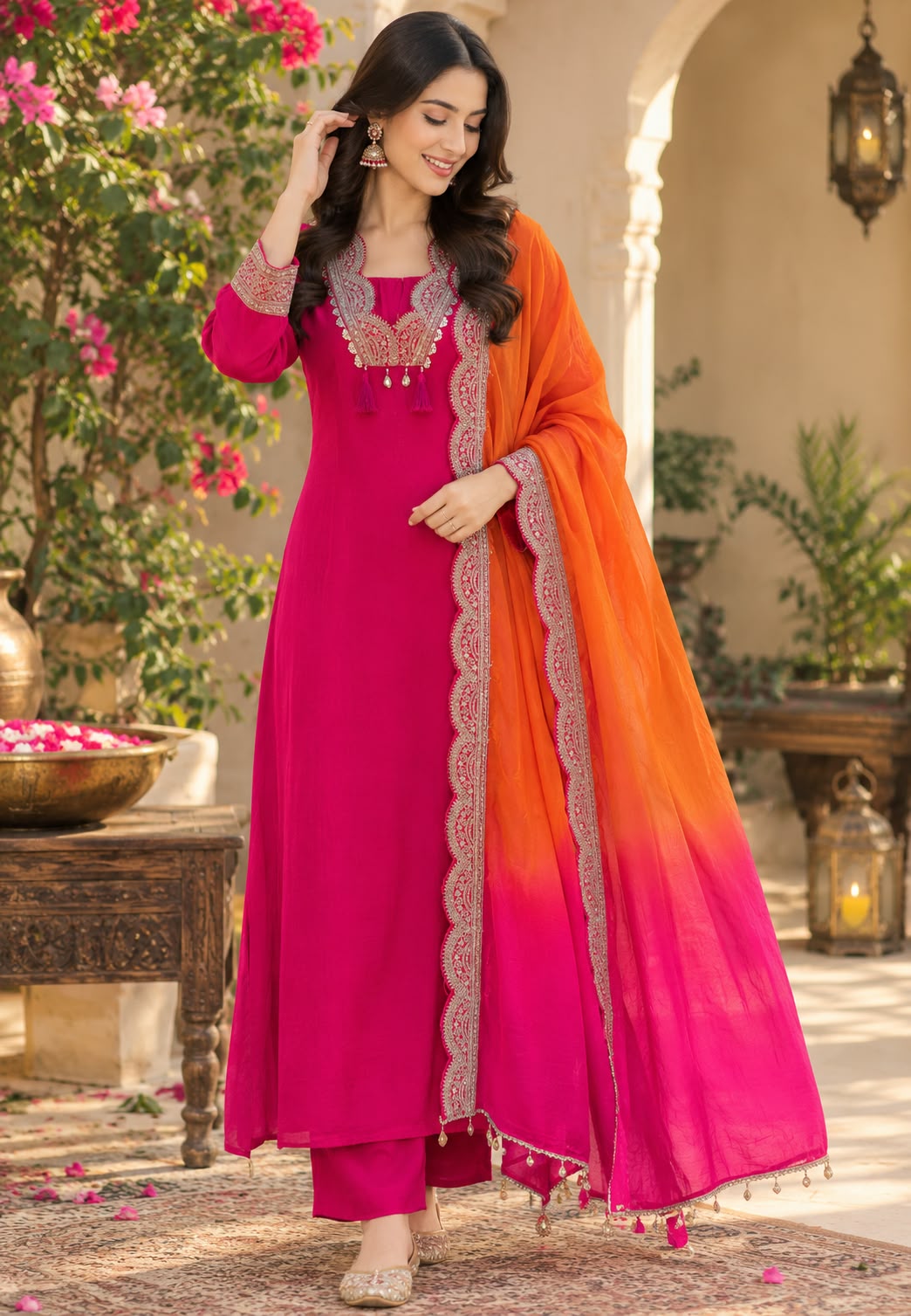 Zari Intricate Embroidery Vibrant Fuschia Glow A-Line Full Suit Set With Ombre Dupatta- 16486