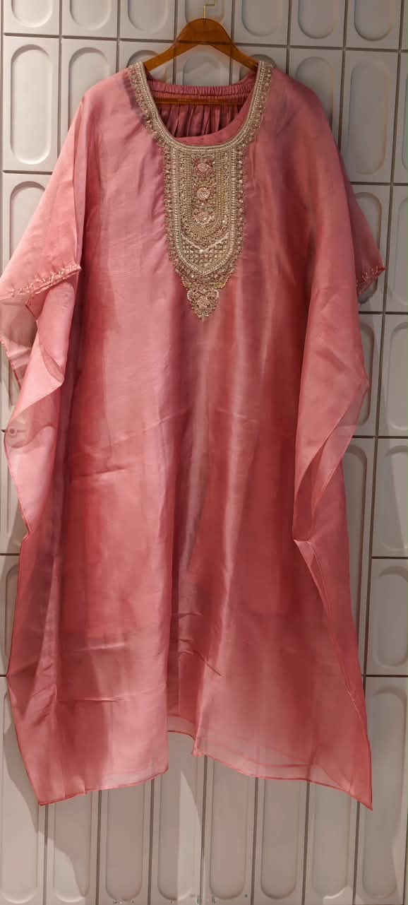 Pure Tissue Butter Shine Dabka Hand Embroidery Yoke Kaftan With Matching Bottom- 16621
