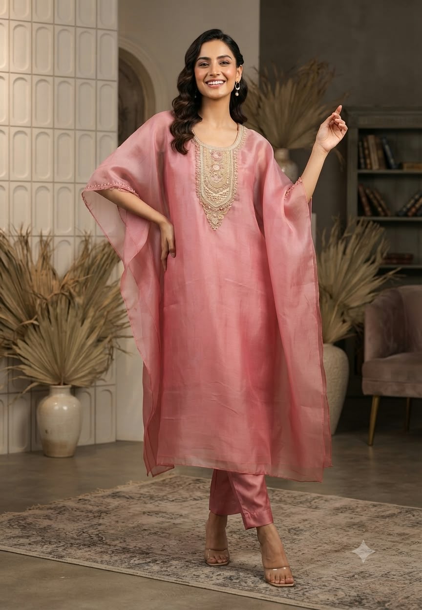 Pure Tissue Butter Shine Dabka Hand Embroidery Yoke Kaftan With Matching Bottom- 16621