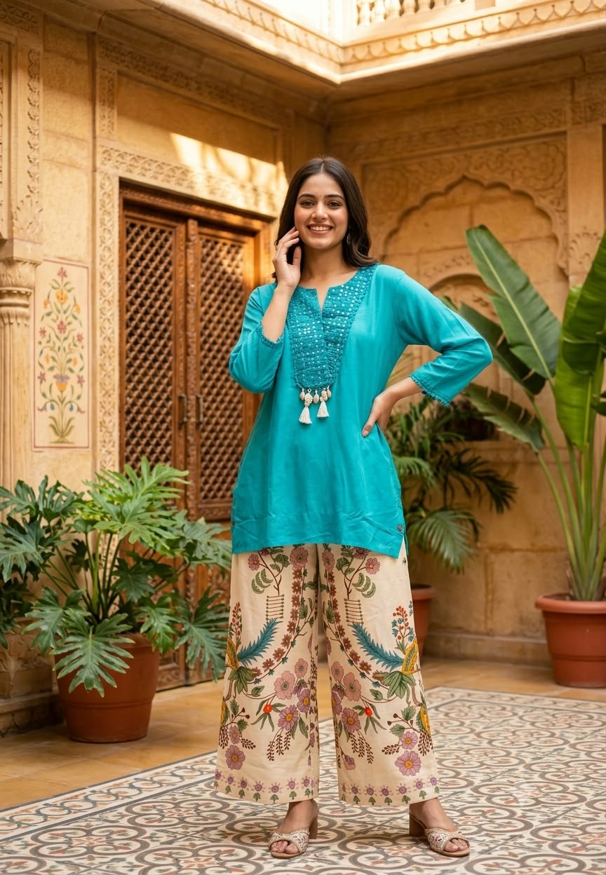 Solid Lace Elegance High-Low Over Side Slit Cowrie Dangle Kurta With Floral Gardenia Printed Loose Bottom- 16576, 16577