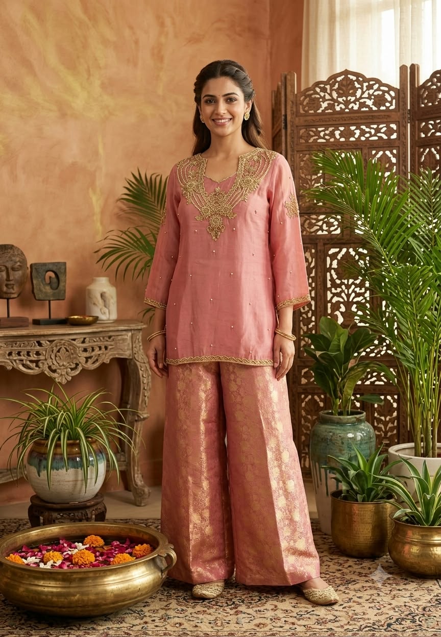Gotta Beaded Jewel Look Embroidery Bustier Oraganza Kurta With Matching Brocade Loose Bottom- 16582