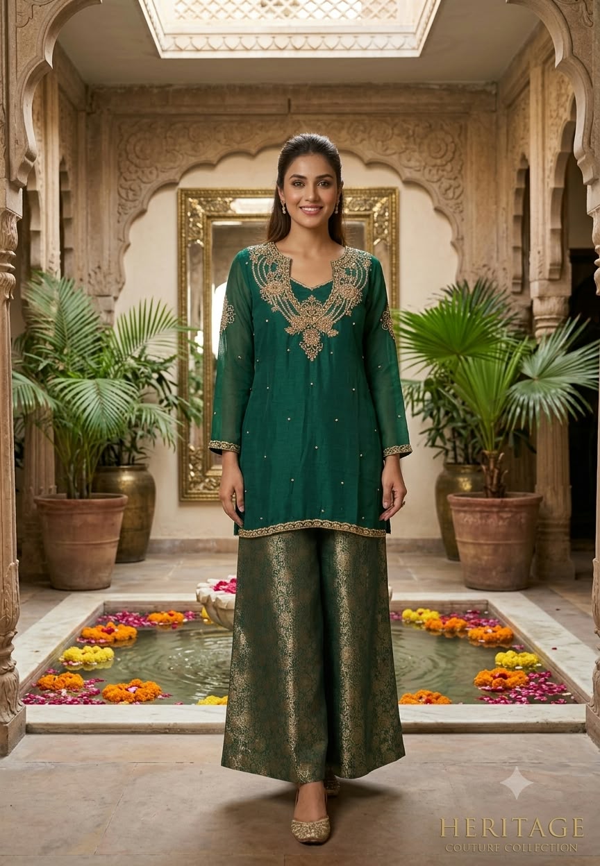Gotta Beaded Jewel Look Embroidery Bustier Oraganza Kurta With Matching Brocade Loose Bottom- 16582