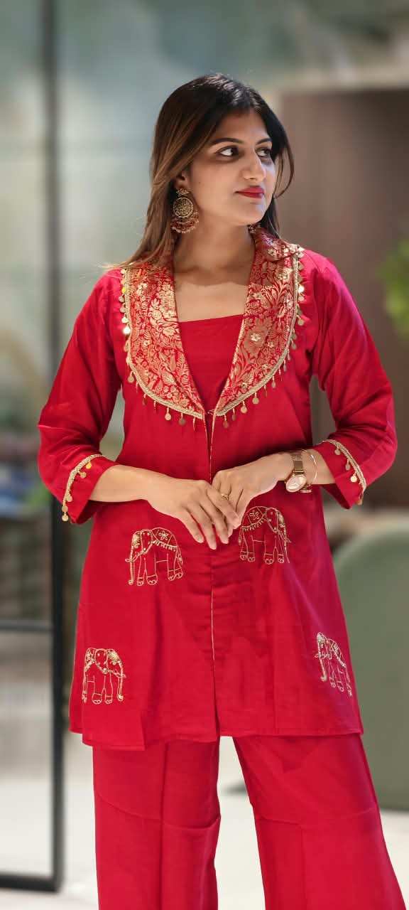 Brocade Flap Coin Tassels Collar With Intricate Elephant Embroidery Bright Co-Ord Set- 16601