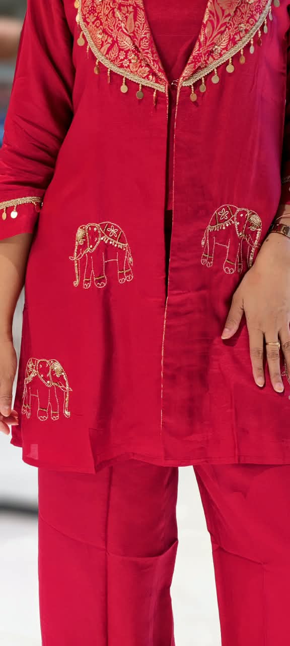 Brocade Flap Coin Tassels Collar With Intricate Elephant Embroidery Bright Co-Ord Set- 16601