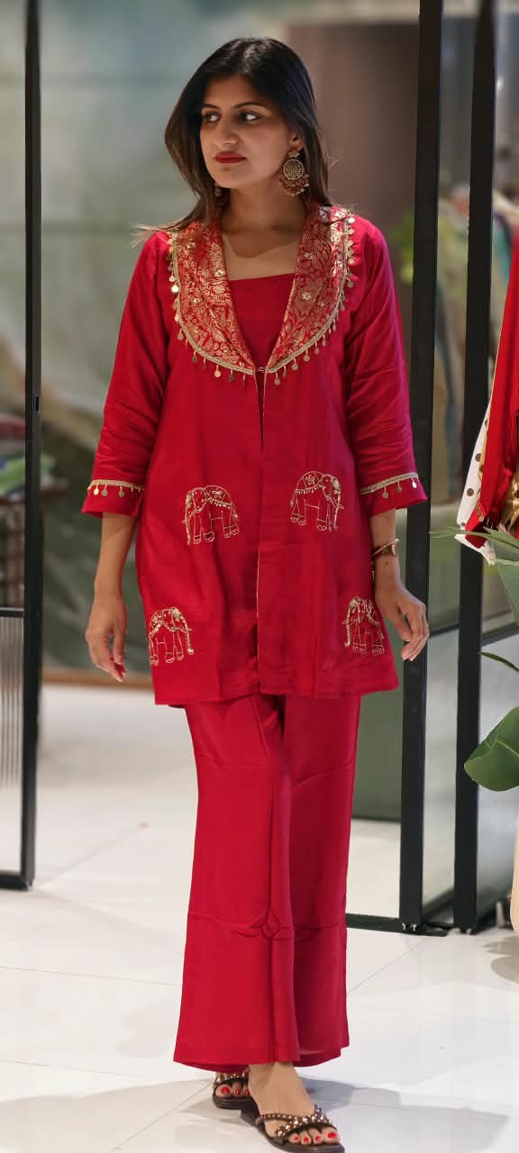 Brocade Flap Coin Tassels Collar With Intricate Elephant Embroidery Bright Co-Ord Set- 16601