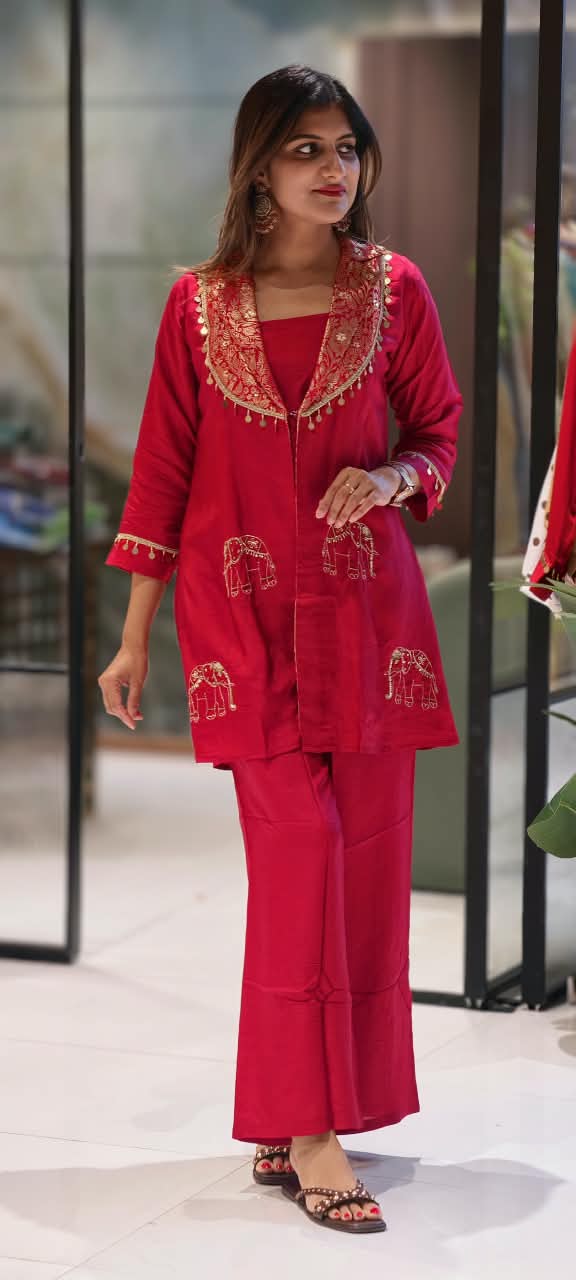 Brocade Flap Coin Tassels Collar With Intricate Elephant Embroidery Bright Co-Ord Set- 16601