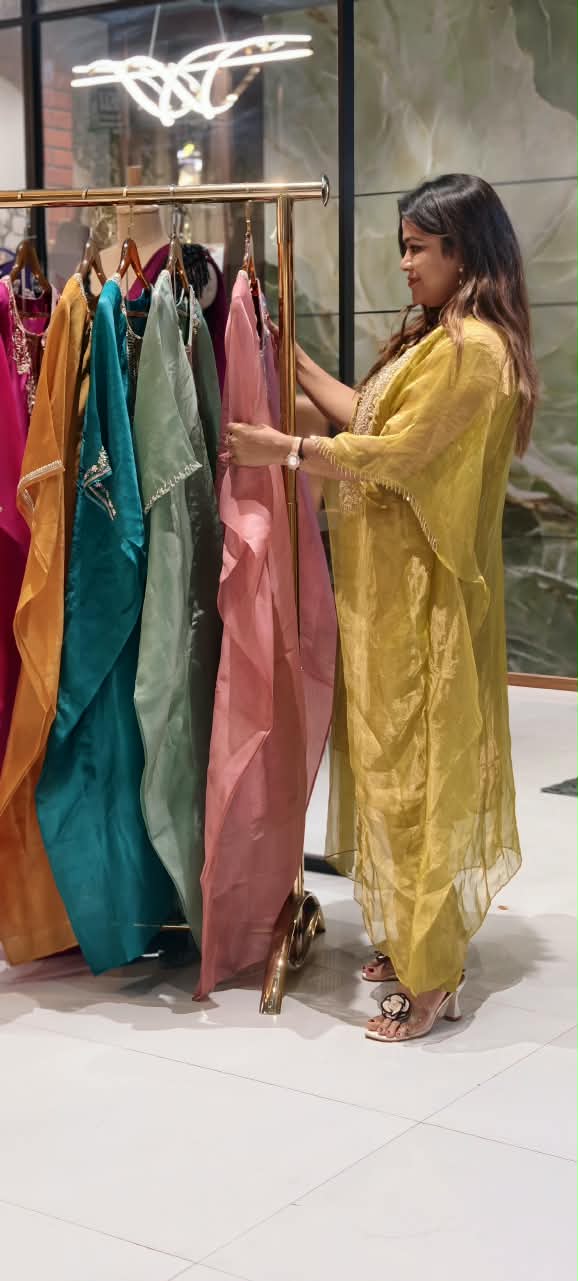 Pure Tissue Butter Shine Dabka Hand Embroidery Yoke Kaftan With Matching Bottom- 16621