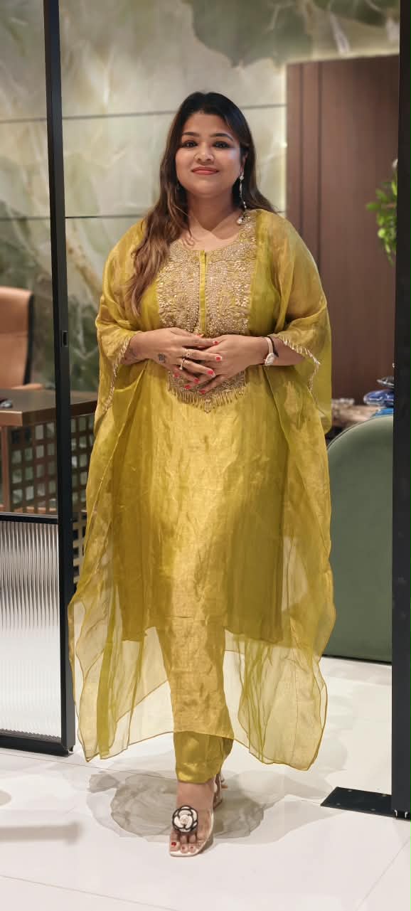 Pure Tissue Butter Shine Dabka Hand Embroidery Yoke Kaftan With Matching Bottom- 16621