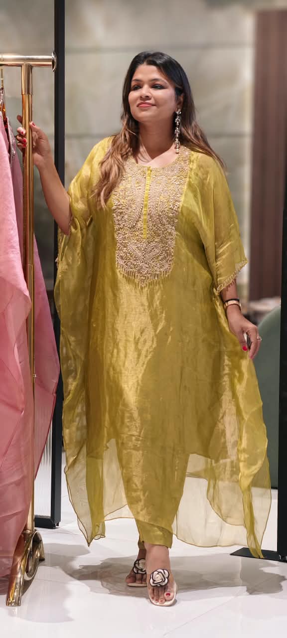 Pure Tissue Butter Shine Dabka Hand Embroidery Yoke Kaftan With Matching Bottom- 16621