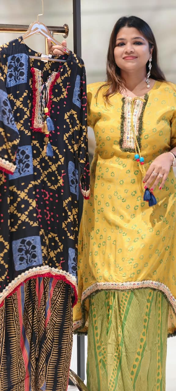 Festive Shimmer Lace Detailing Printed High-Low Tassels Kurta With Abstract Printed Loose Bottom-16579, 16578 (Loose Fit)
