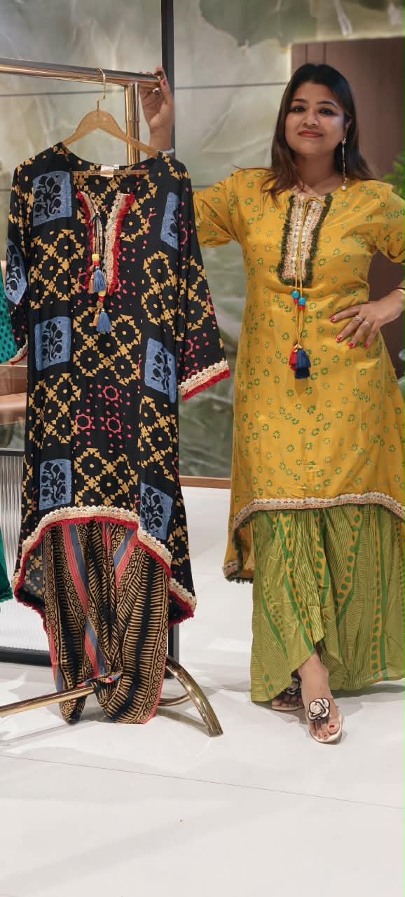 Festive Shimmer Lace Detailing Printed High-Low Tassels Kurta With Abstract Printed Loose Bottom-16579, 16578 (Loose Fit)
