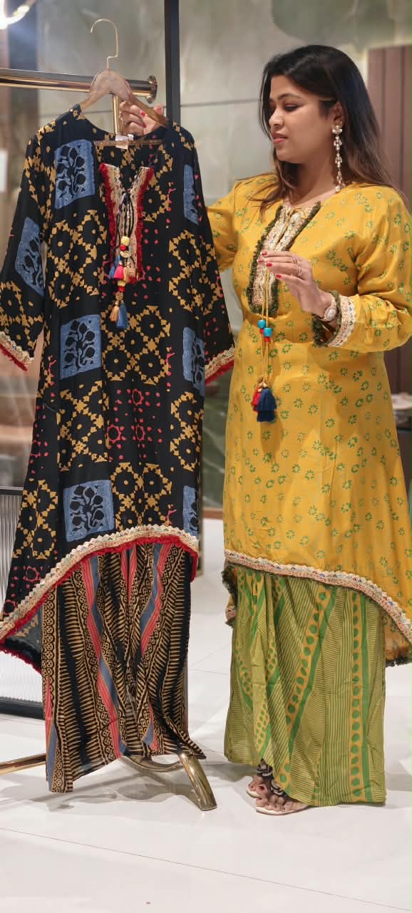 Festive Shimmer Lace Detailing Printed High-Low Tassels Kurta With Abstract Printed Loose Bottom-16579, 16578 (Loose Fit)