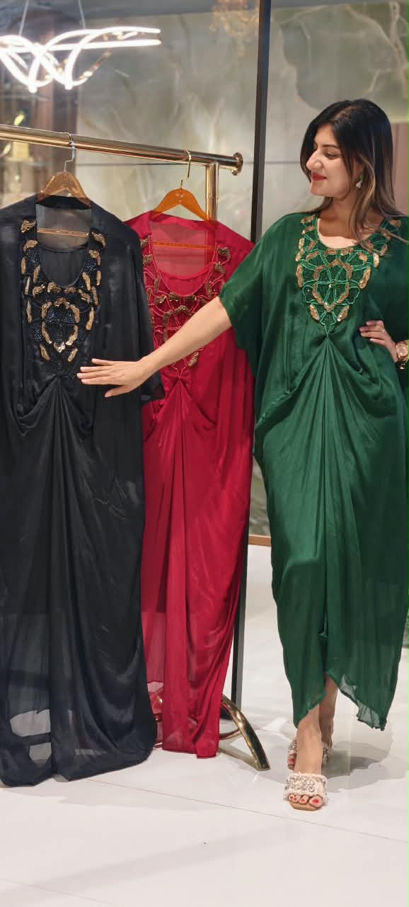 Elegant Kaftan Style Indo-Dress with Gold Hand-Embellished Neckline & Cinch Detailing- 16539