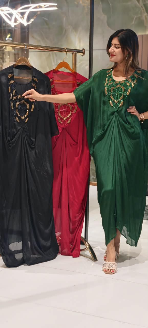 Elegant Kaftan Style Indo-Dress with Gold Hand-Embellished Neckline & Cinch Detailing- 16539