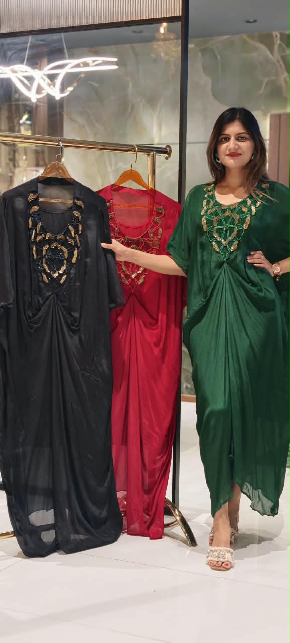 Elegant Kaftan Style Indo-Dress with Gold Hand-Embellished Neckline & Cinch Detailing- 16539