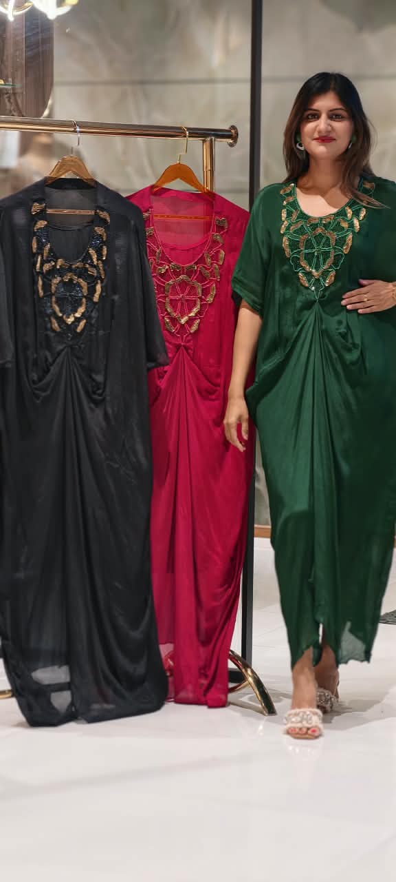 Elegant Kaftan Style Indo-Dress with Gold Hand-Embellished Neckline & Cinch Detailing- 16539