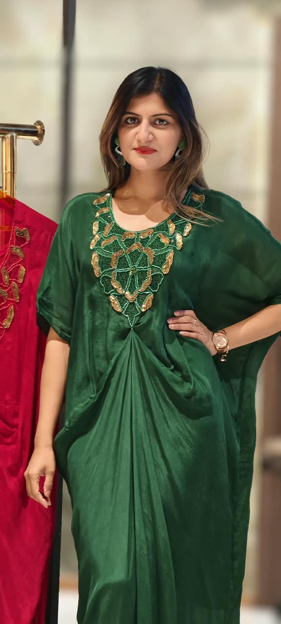 Elegant Kaftan Style Indo-Dress with Gold Hand-Embellished Neckline & Cinch Detailing- 16539