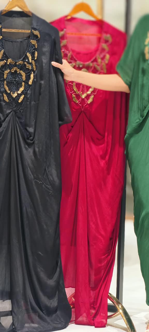 Elegant Kaftan Style Indo-Dress with Gold Hand-Embellished Neckline & Cinch Detailing- 16539