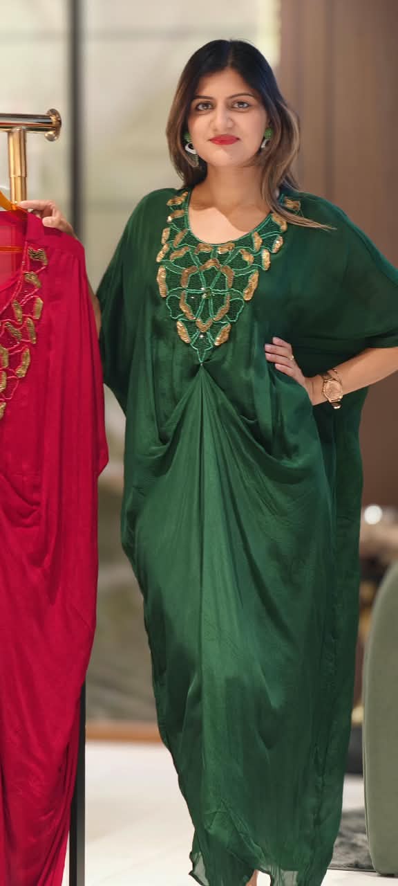 Elegant Kaftan Style Indo-Dress with Gold Hand-Embellished Neckline & Cinch Detailing- 16539