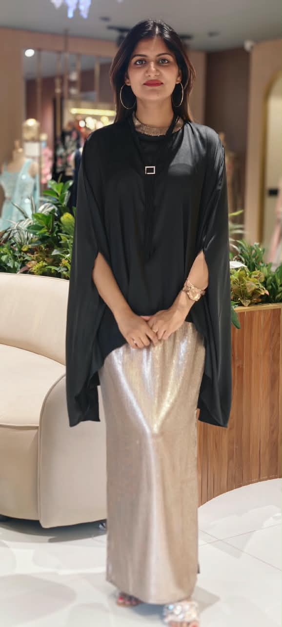 Mid-Night Glam High-Low Upper With Glittery Straight Fit Skirt & Beaded Stylish Neckpiece- 16256