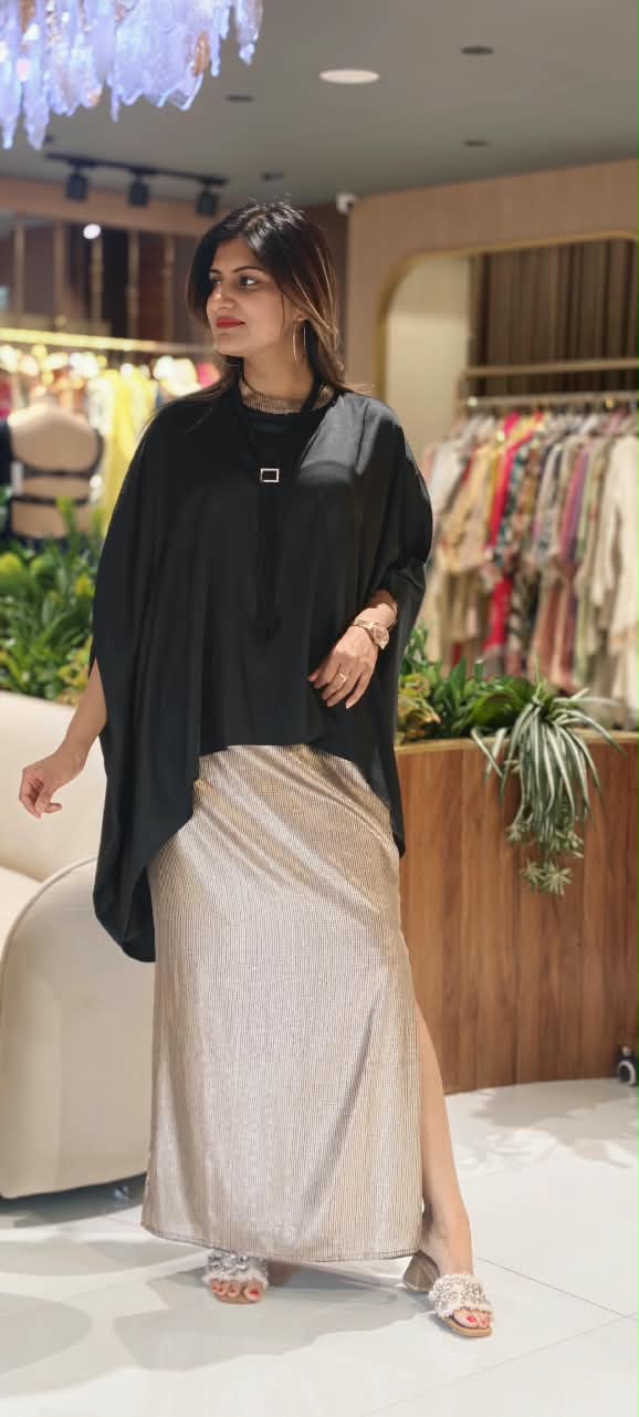 Mid-Night Glam High-Low Upper With Glittery Straight Fit Skirt & Beaded Stylish Neckpiece- 16256