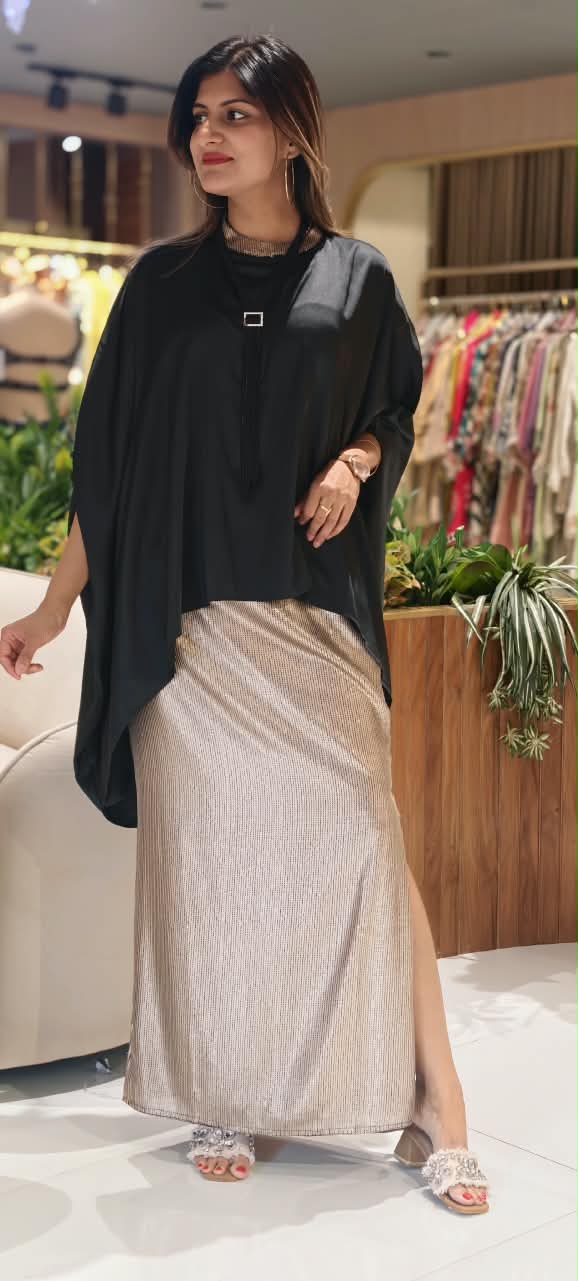 Mid-Night Glam High-Low Upper With Glittery Straight Fit Skirt & Beaded Stylish Neckpiece- 16256